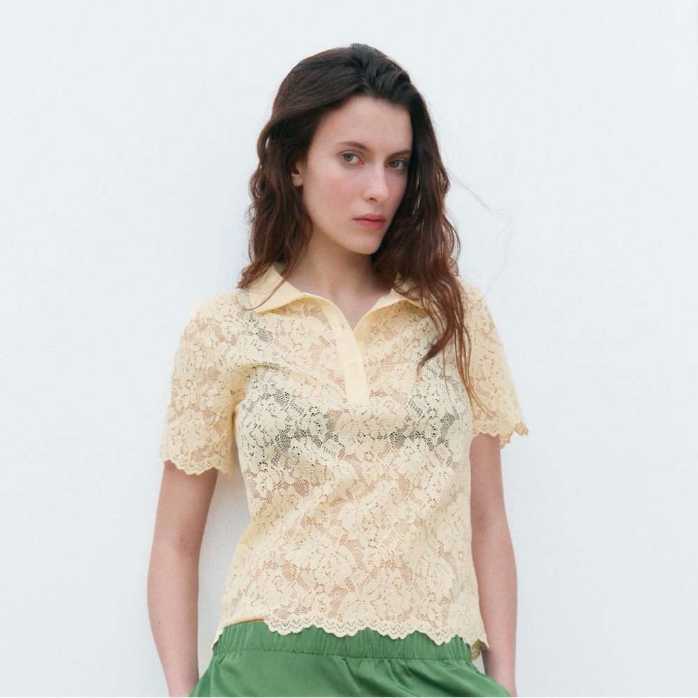 ZARA Butter Yellow Lace Semi-Sheer Polo Top NWT